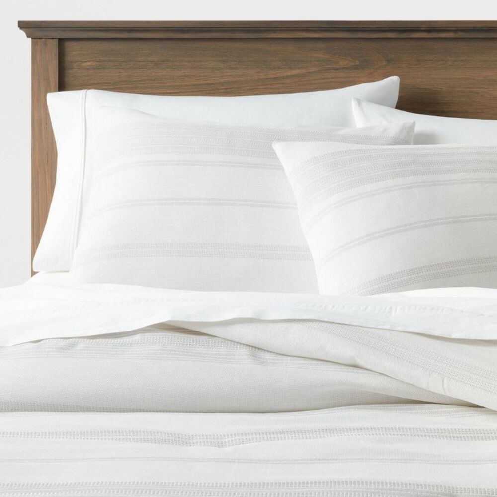 Full/Queen Cotton Woven Stripe Comforter Set - White/Light Gray